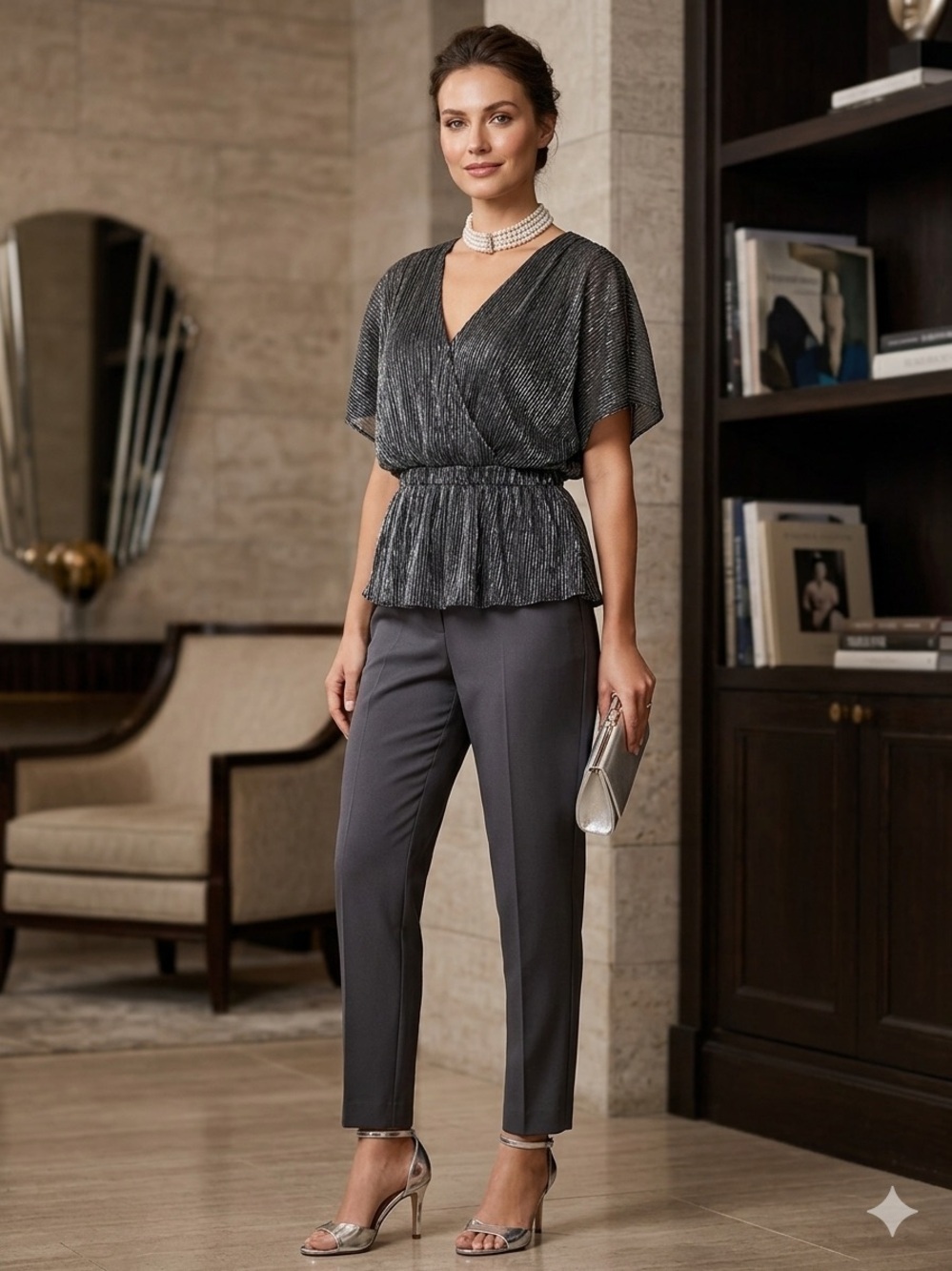 GILLI Black Silver Sparkly Lurex Surplice Peplum Top NWT 88.00